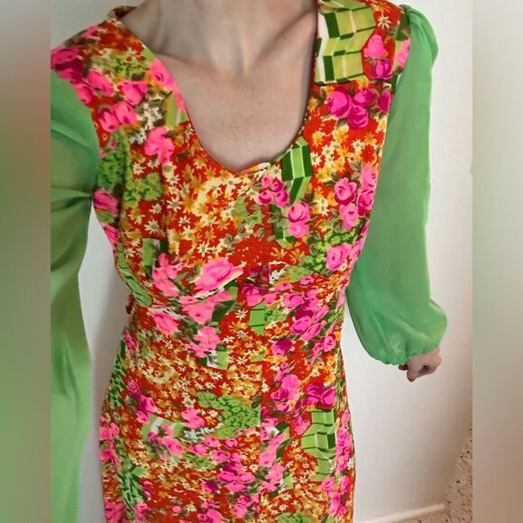 Vintage retro 60’s maxi dress pink green flower floral small s - Picture 2 of 5
